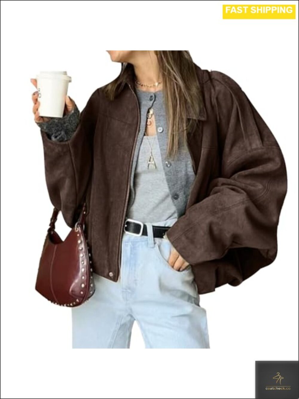 Faux Suede Bomber Jacket Women's Zip Up Oversized Casual Coat